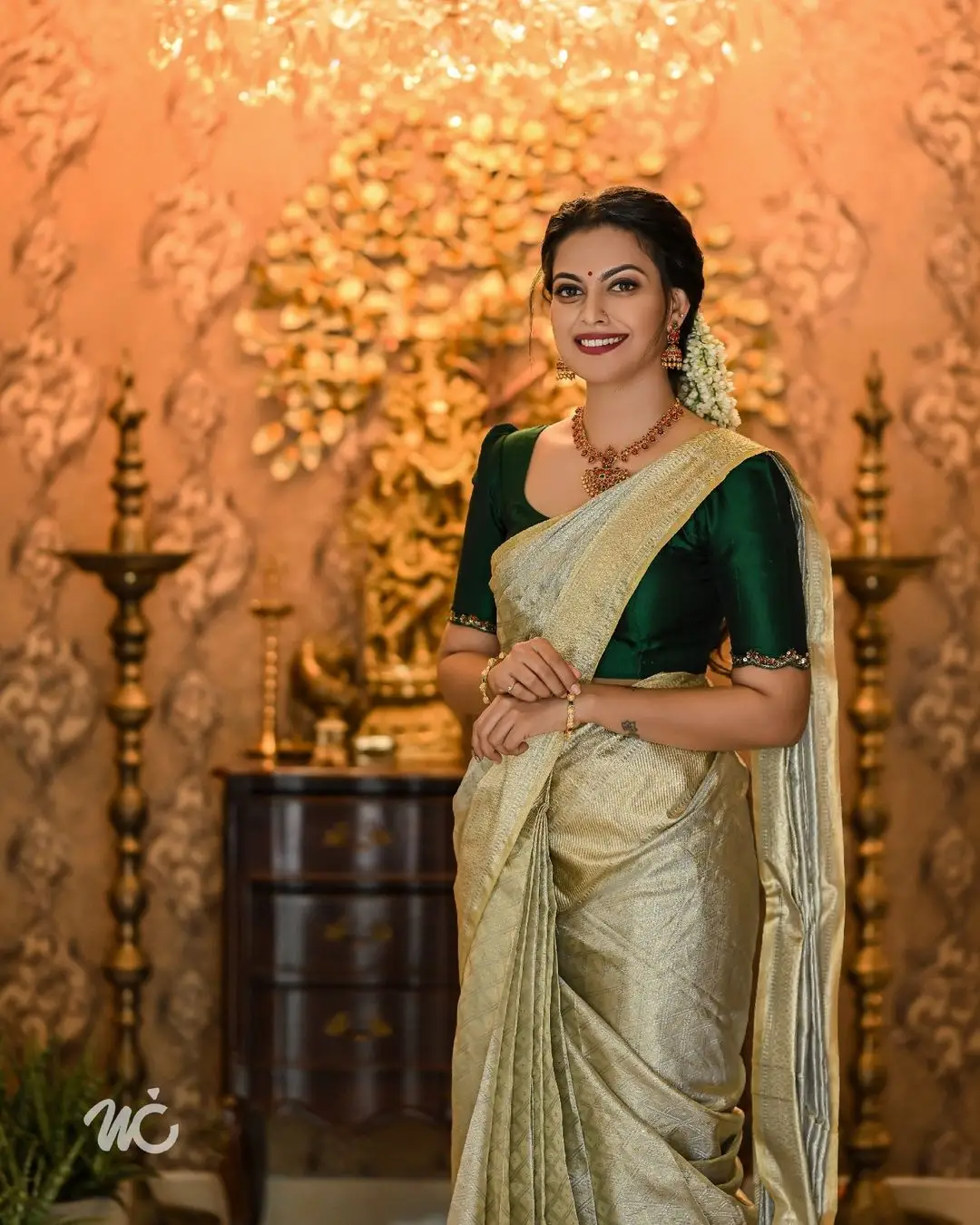 ANUSREE NAIR WEARING BEAUTIFUL EARRINGS JEWELLERY GREEN SAREE BLUE BLOUSE